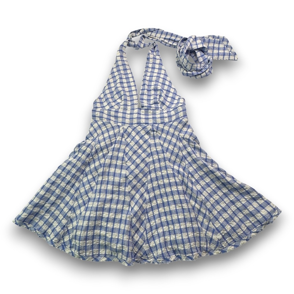 Free People Gingham Halter Mini Dress Blue White Checkered Size 10 OB1120396